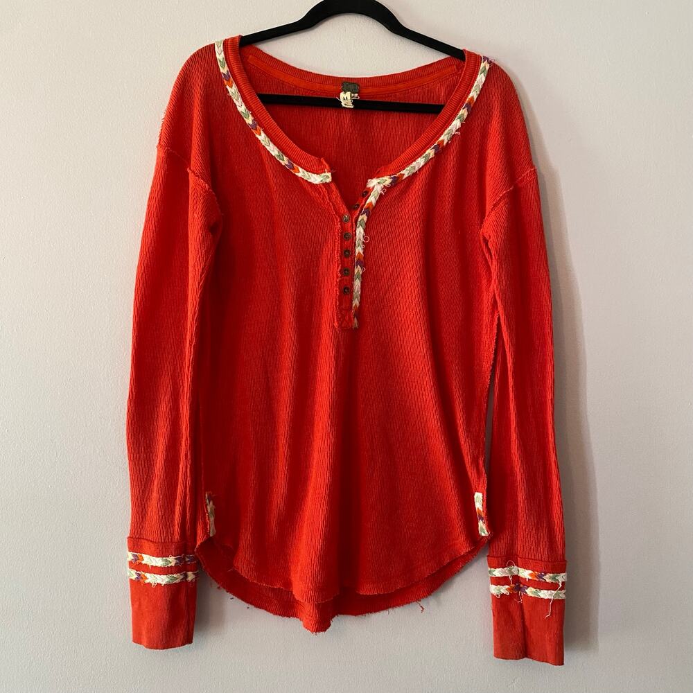 We The Free Orange Red Embroidered Henley Long Sleeve Shirt Women's size Medium